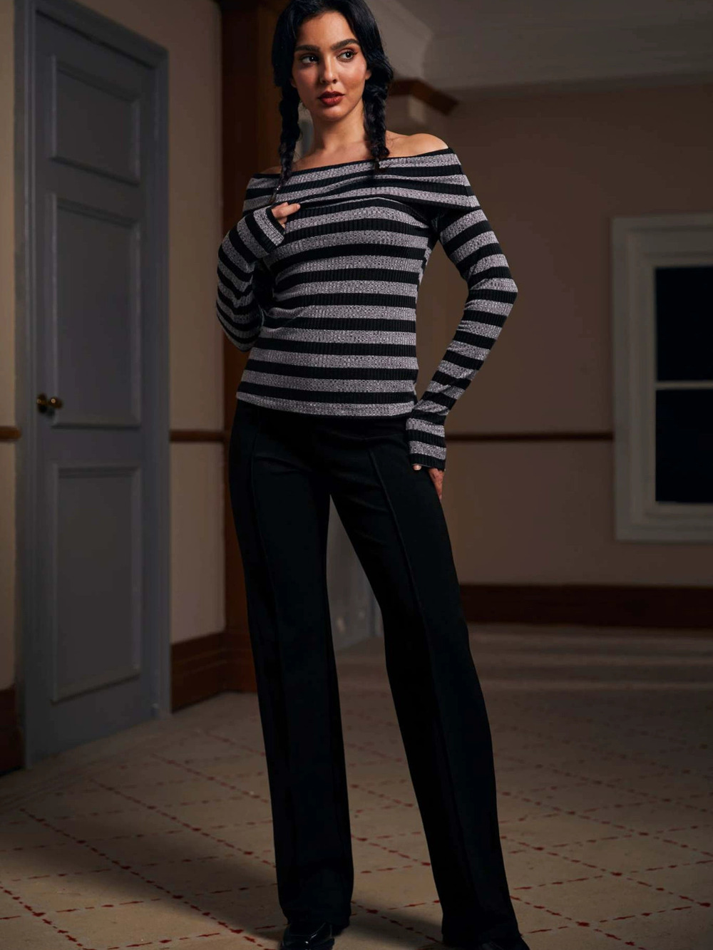 Zara Colorblock Striped Off Shoulder Long Sleeve Bodycon Top